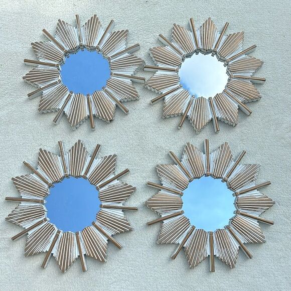 Set of 4 Plastic Star Burst Distressed Mirrors Gold /White Accents gallery wall‎ - Picture 1 of 5
